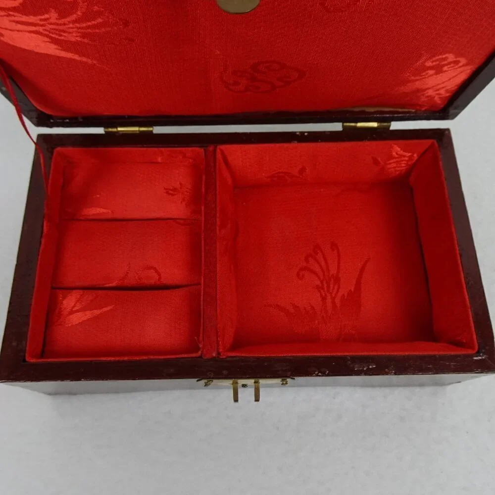 Vintage Asian Jewelry Box Lacquered Carved Diorama Art Inset Pagoda Lined